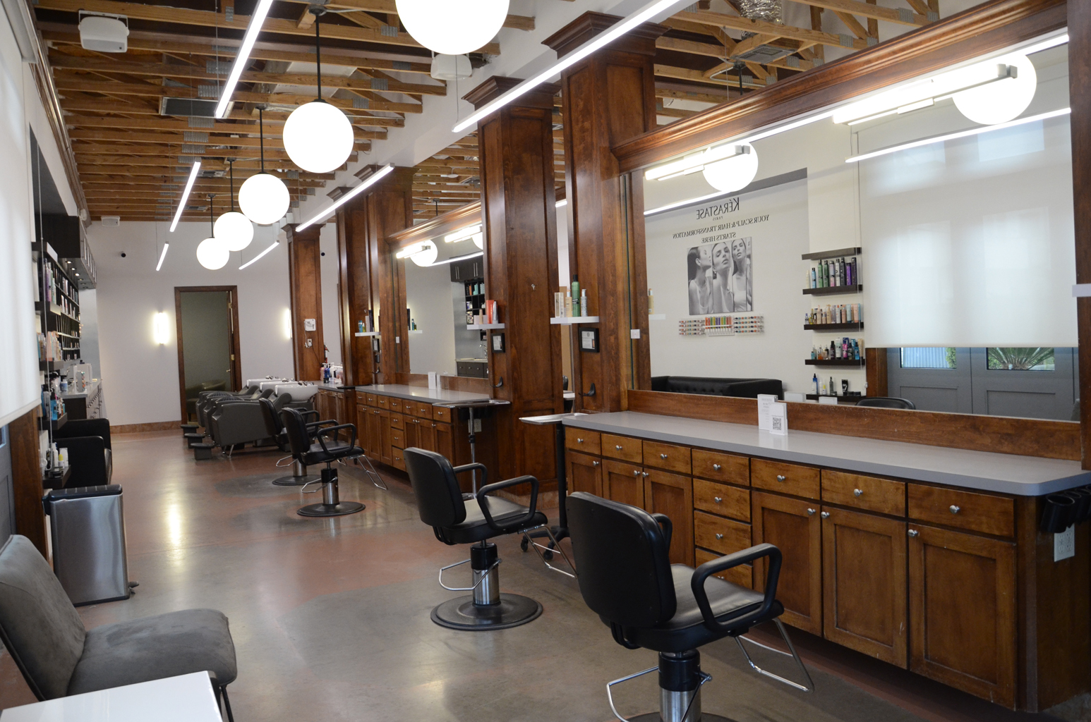 Styling stations at Front Room, a hair salon in Houston Heights